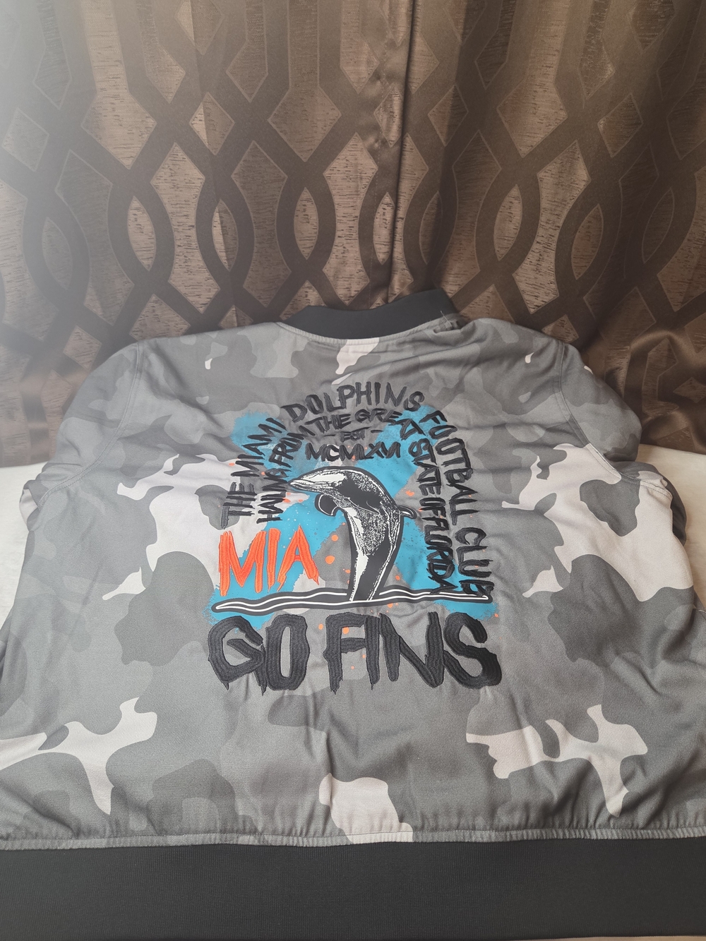 The Wild Collective Gray Miami Dolphins Camo Bomber Jacket 2XL